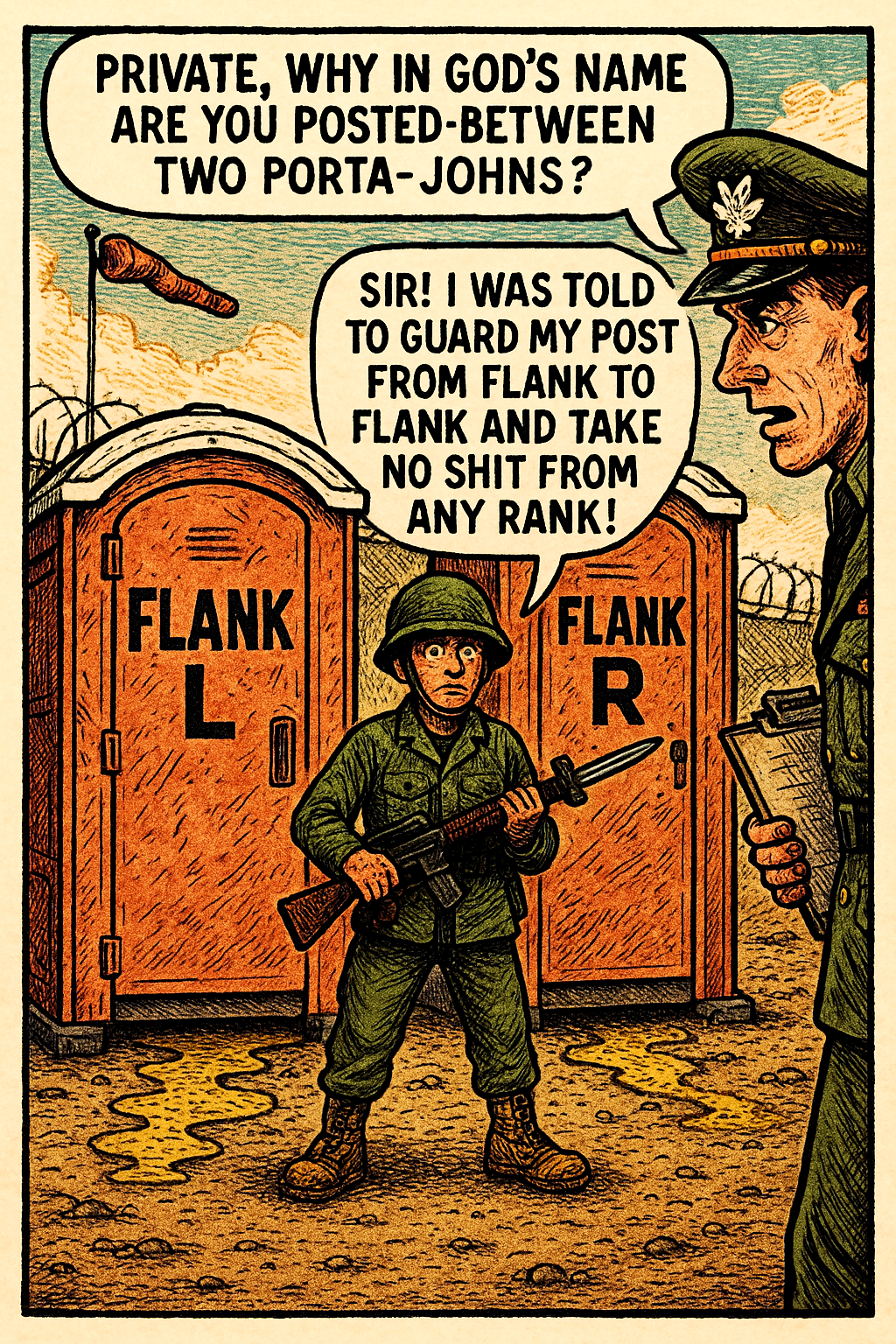 Private, Why in God’s Name Are You Posted-Between Two Porta-Johns?