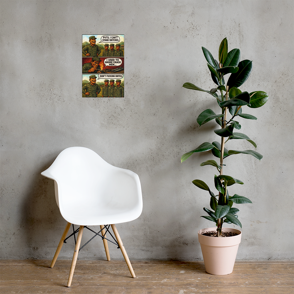 Pvts, I Can't Stand Snitches: 12 in by 18 in glossy poster on a concrete wall beside a white chair and plant; Printful room mockup.