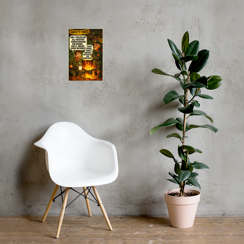 Safety First! 1: 12 in by 18 in glossy poster on a concrete wall beside a white chair and plant; Printful room mockup.