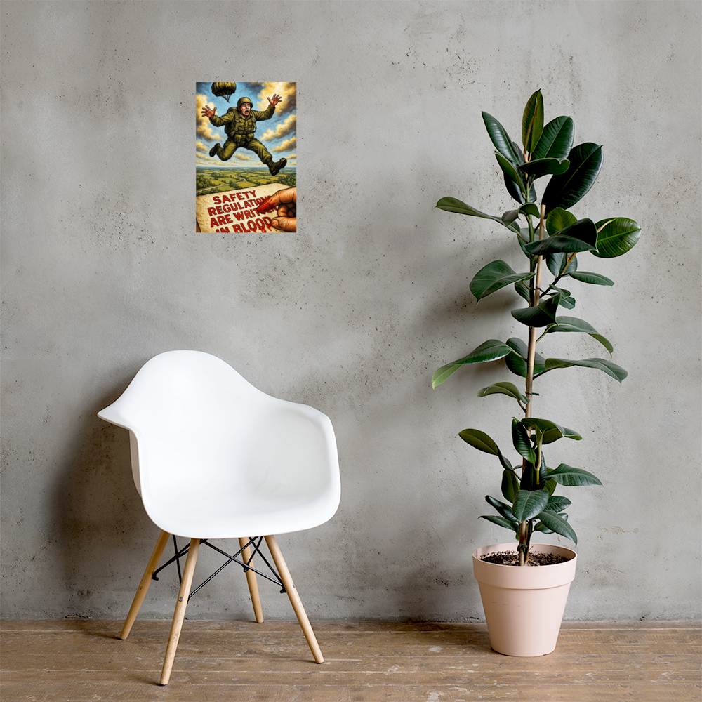 Safety Regulations Are Written in Blood: 12 in by 18 in glossy poster on a concrete wall beside a white chair and plant; Printful room mockup.