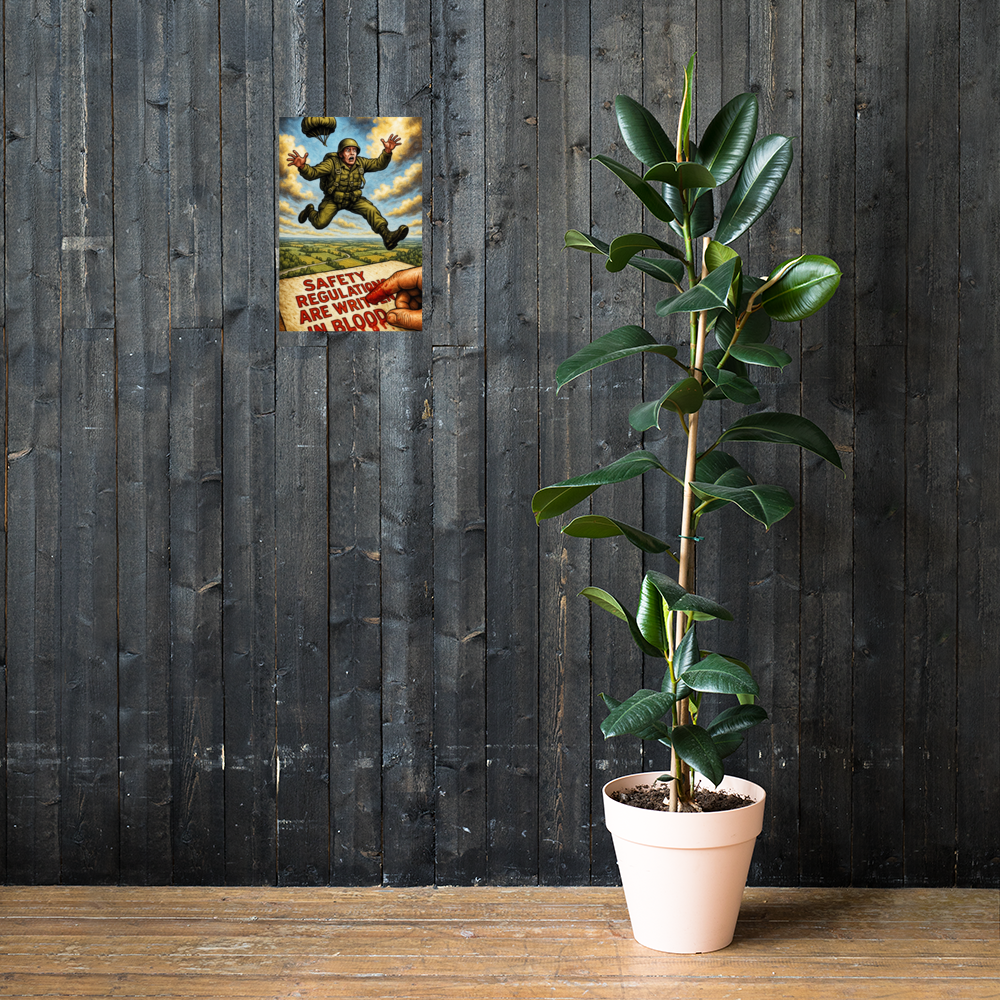 Safety Regulations Are Written in Blood: 12 in by 18 in glossy poster on a dark wooden wall beside a plant; Printful room mockup.