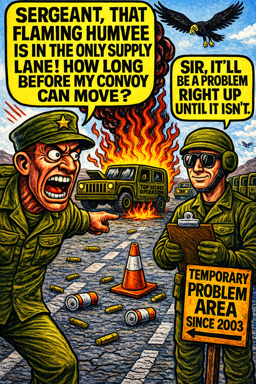 Sergeant, That Flaming Humvee Is in the Only Supply Lane!