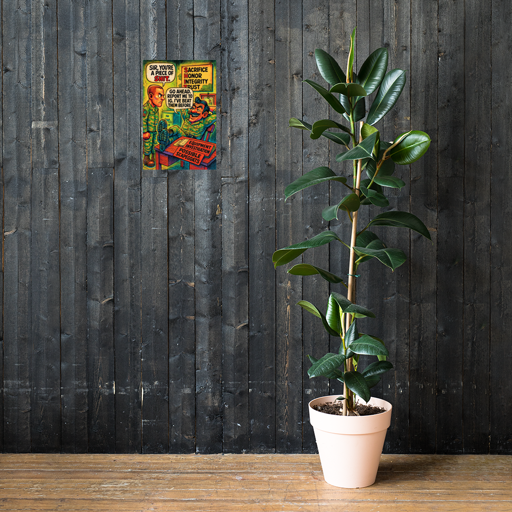 Sir, You're a Piece of Shit: 12 in by 18 in glossy poster on a dark wooden wall beside a plant; Printful room mockup.