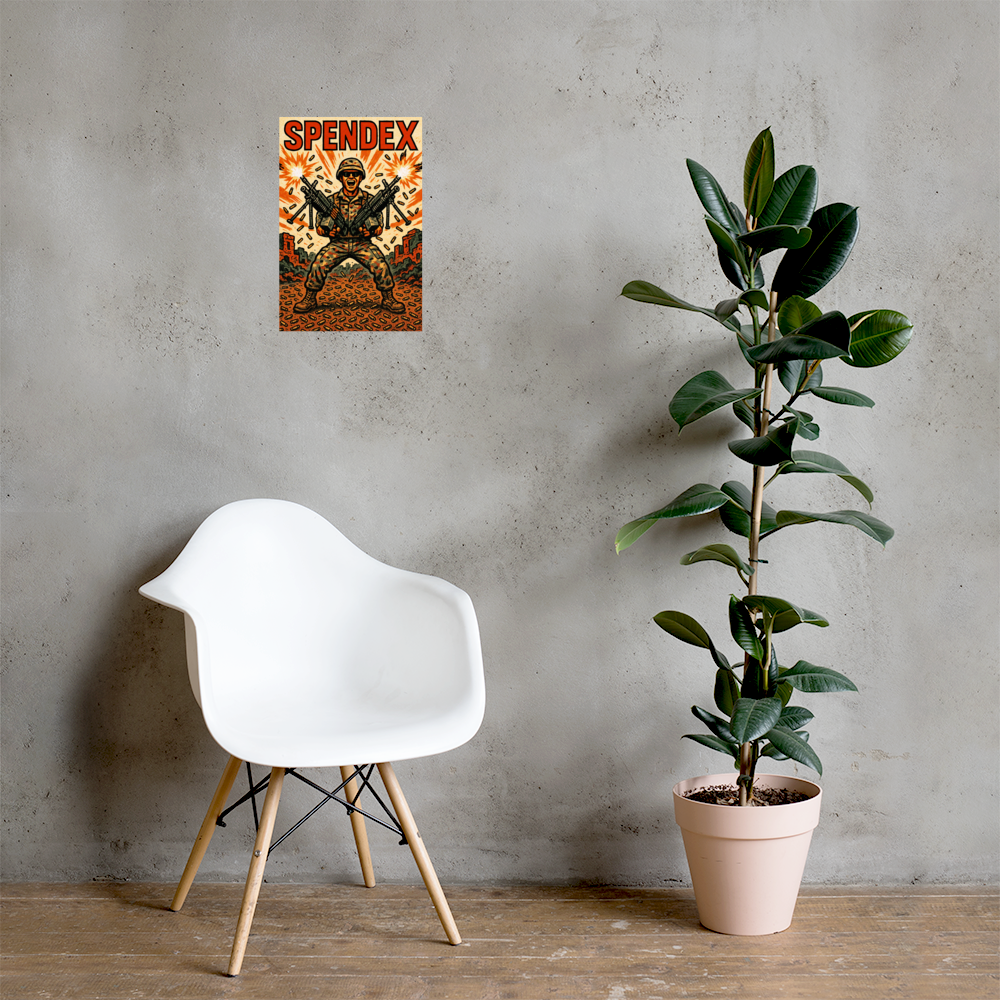 Spendex: 12 in by 18 in glossy poster on a concrete wall beside a white chair and plant; Printful room mockup.