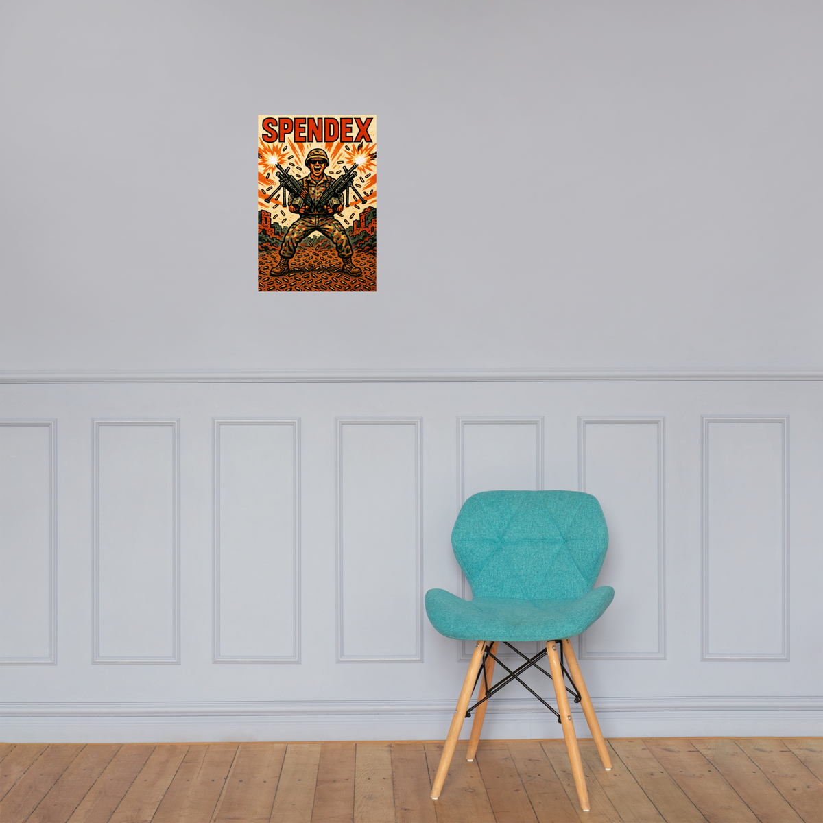 Spendex: 12 in by 18 in glossy poster on a paneled wall above a turquoise chair; Printful room mockup.
