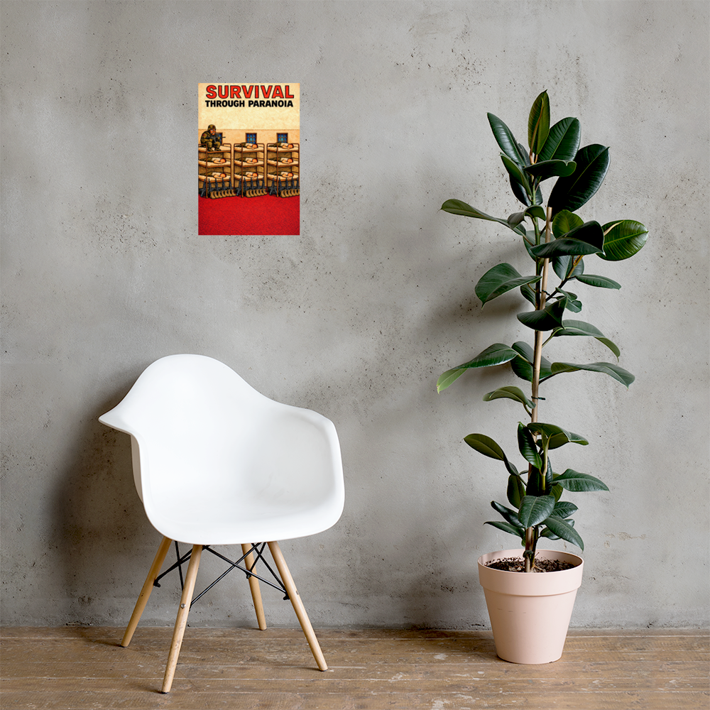 Survival Through Paranoia: 12 in by 18 in glossy poster on a concrete wall beside a white chair and plant; Printful room mockup.