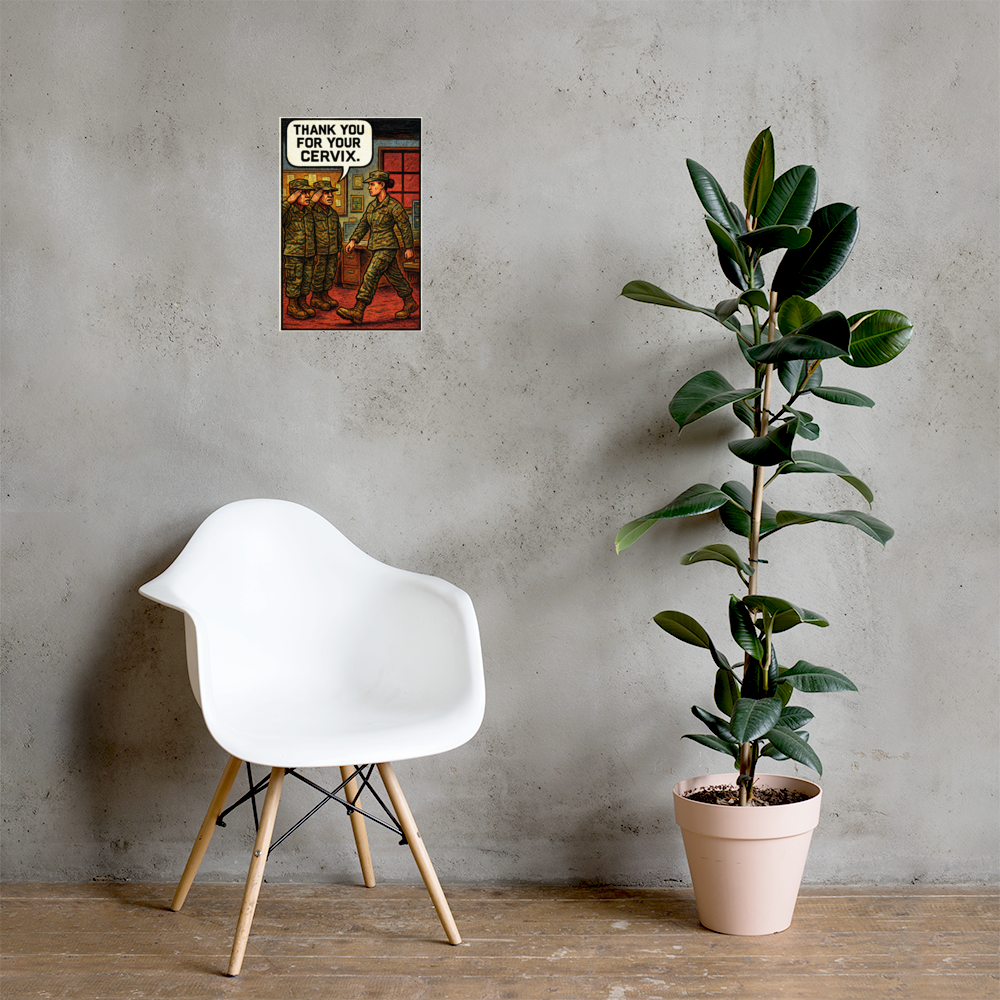 Thank You for Your Cervix: 12 in by 18 in glossy poster on a concrete wall beside a white chair and plant; Printful room mockup.