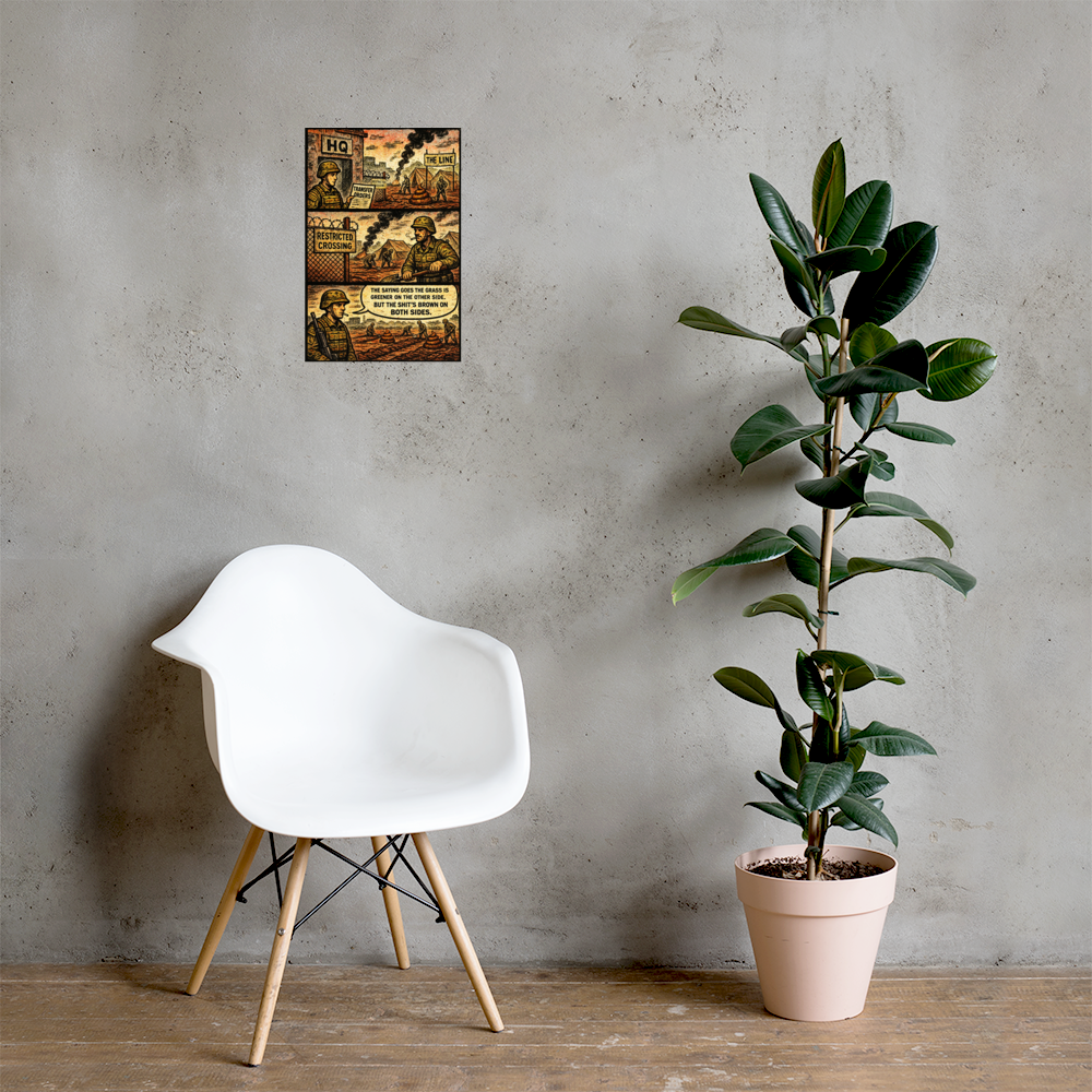 The Grass Is Greener on the Other Side: 12 in by 18 in glossy poster on a concrete wall beside a white chair and plant; Printful room mockup.