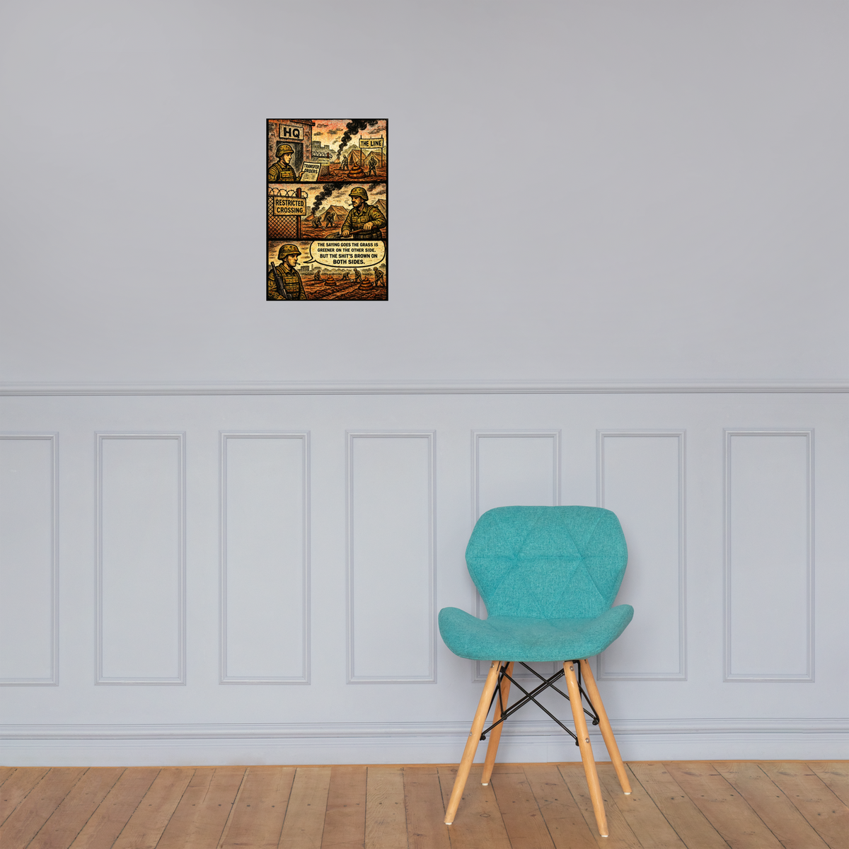The Grass Is Greener on the Other Side: 12 in by 18 in glossy poster on a paneled wall above a turquoise chair; Printful room mockup.