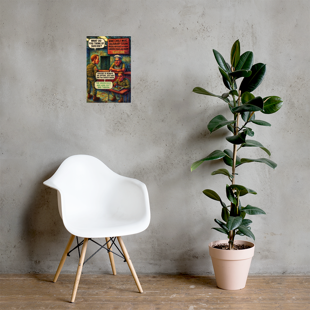 What Do You Think of Suicide?: 12 in by 18 in glossy poster on a concrete wall beside a white chair and plant; Printful room mockup.