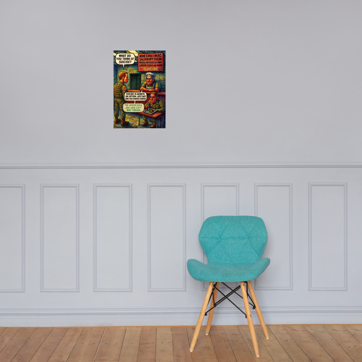 What Do You Think of Suicide?: 12 in by 18 in glossy poster on a paneled wall above a turquoise chair; Printful room mockup.
