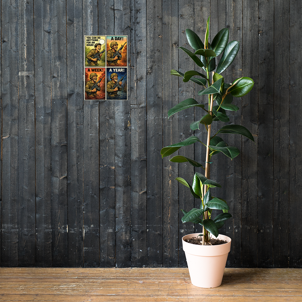You Can Do Anything for an Hour!: 12 in by 18 in glossy poster on a dark wooden wall beside a plant; Printful room mockup.