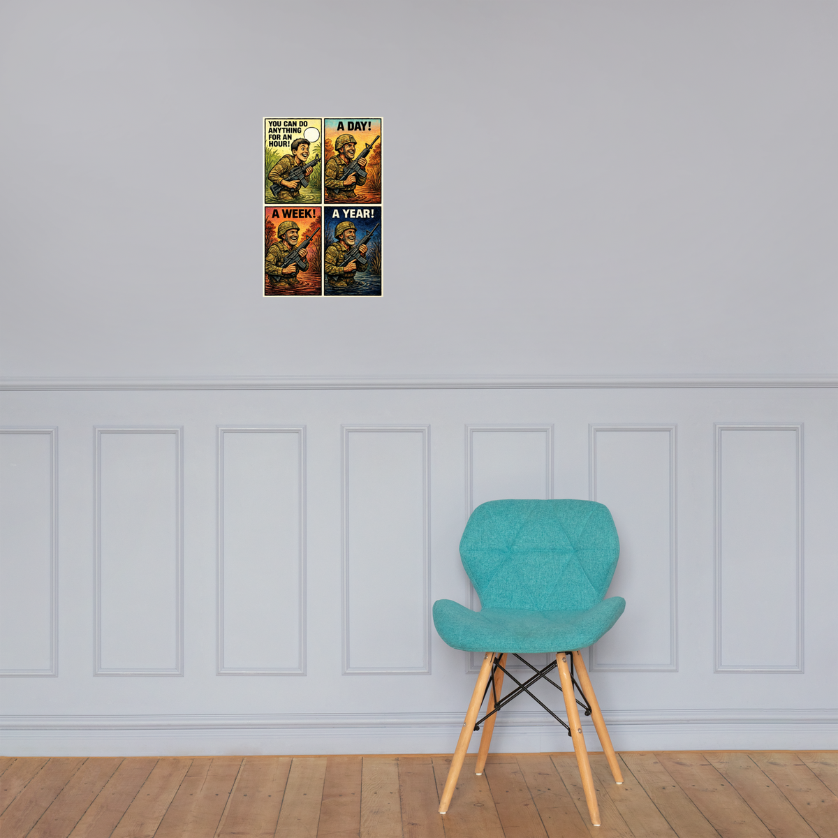 You Can Do Anything for an Hour!: 12 in by 18 in glossy poster on a paneled wall above a turquoise chair; Printful room mockup.