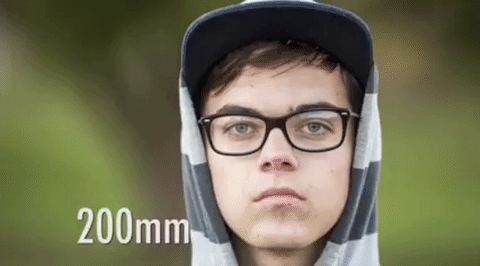 Animated comparison showing how focal length changes facial proportions